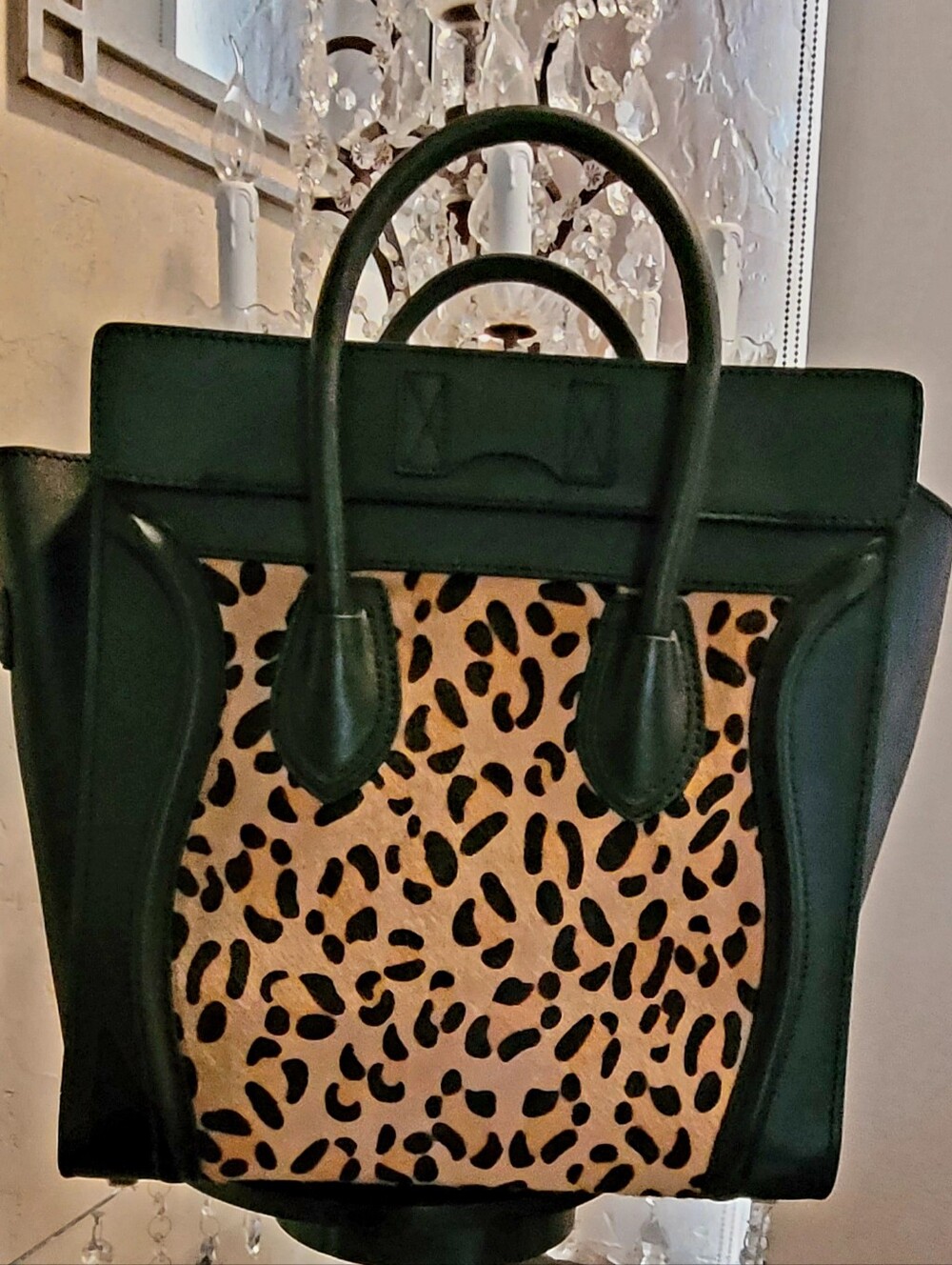 Luggage Tote or Handbag   Black With Leopard-Print Calf Hair Oversized. Elegant